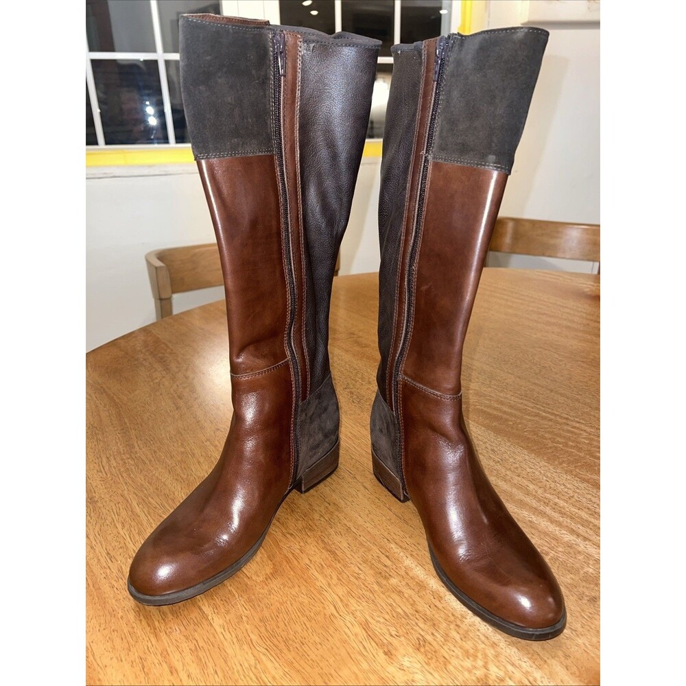 Sesto Meucci Italy Knee High Boots 7.5N Brown Leather‎ Suede Tall Narrow EUC